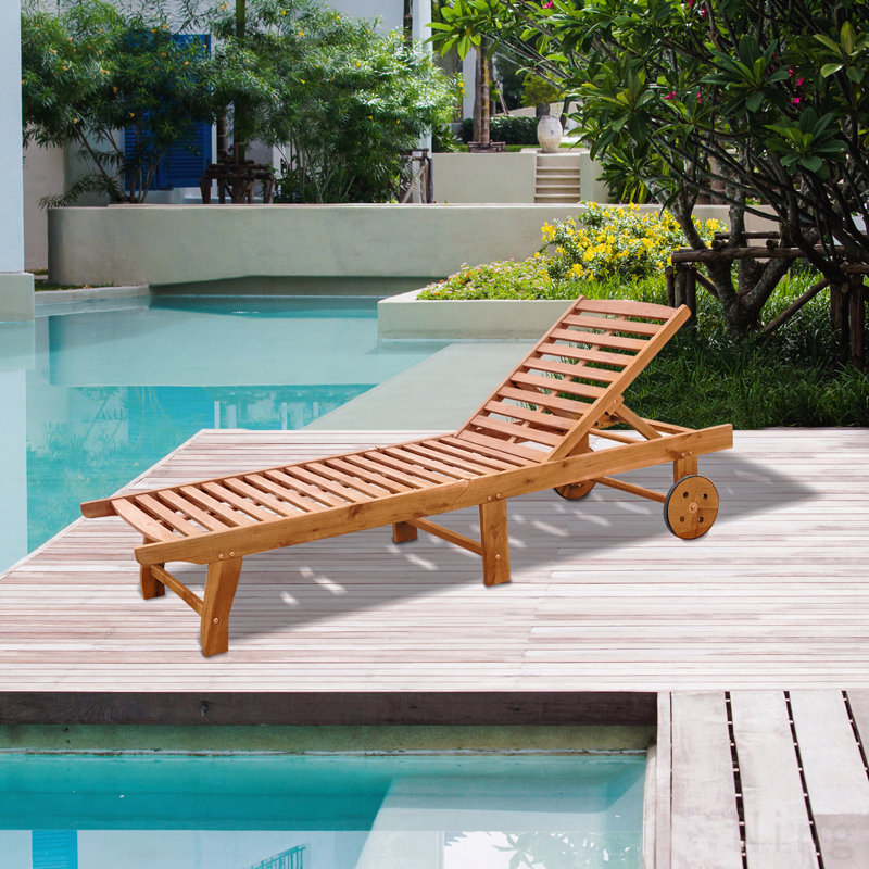 Chaise longue inclinable d'extérieur pliante avec roulettes, structure en bois d'acacia - couleur teck