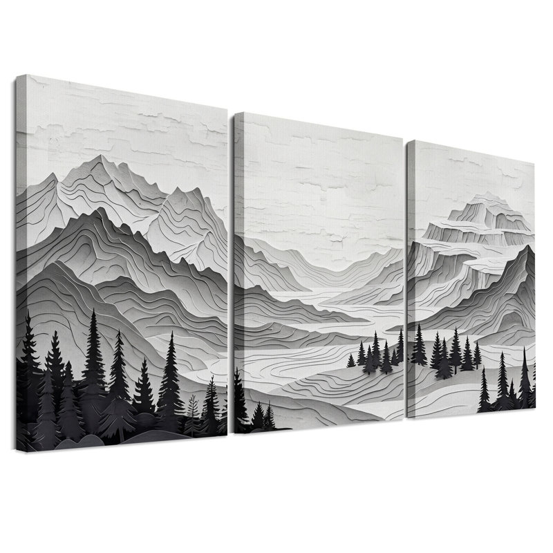 Ensemble de 3 toiles murales représentant des paysages de montagne en noir et blanc superposés, 24"H x 16"W x 3pcs