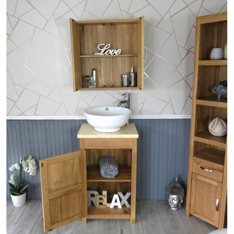 Slimline Compact 515mm Free-standing Cloakroom Vanity Unit, Oak, Cream Marble