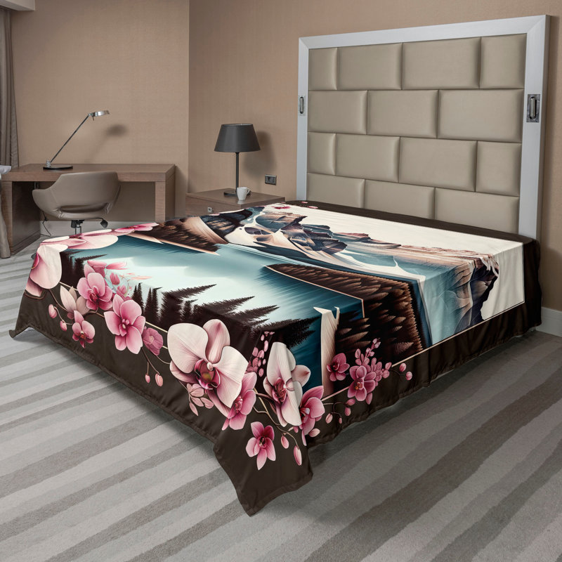 Ambesonne Lake Top Flat Sheet Spring Joy Landscape Orchids , California King
