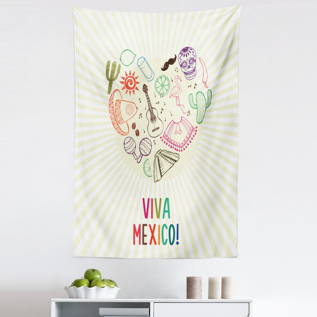 Colorful Viva Mexico Lettering with Heart Shaped Traditional Print Tapestry