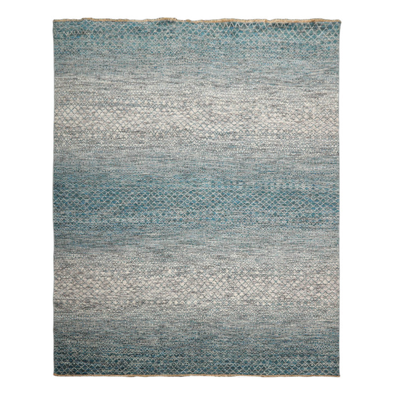 Tapis oriental rectangulaire en laine noué à la main de conception unique 8 pi x 10 pi crème / turquoise / gris