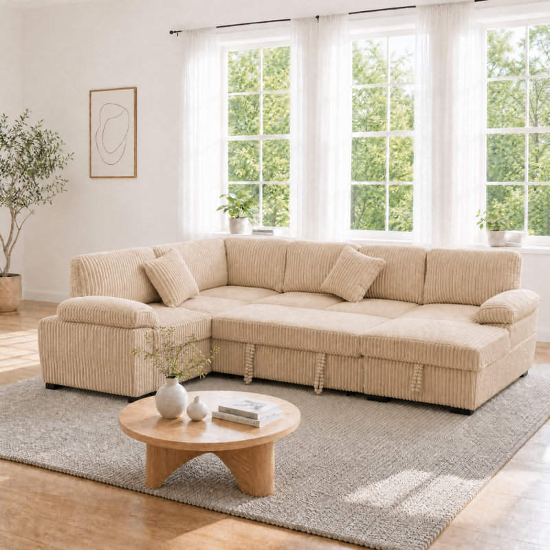 Canapé-lit modulaire en U 117,75 po avec méridienne réversible en velours côtelé avec rangement et 2 coussins décoratifs