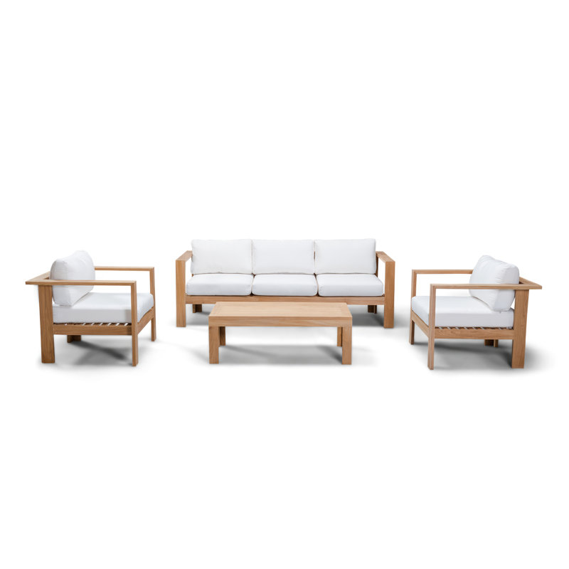 Ando 4 Piece Teak Sofa Seating Group with Sunbrella Cushions, Canvas Natural Sunbrella® Canvas