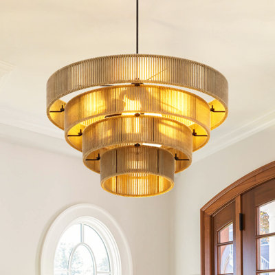 Farmhouse 4-Tier Hand Woven Hemp Rope Chandelier Light Fixtures, 4-Light Boho Adjustable Pendant Light Rustic Hanging Light Fixtures