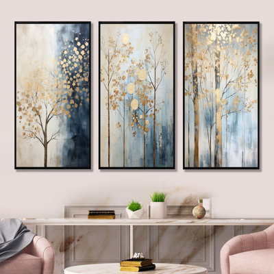 Or et bleu, trésors, paysages, arbres, ensemble de 3 impressions sur toile