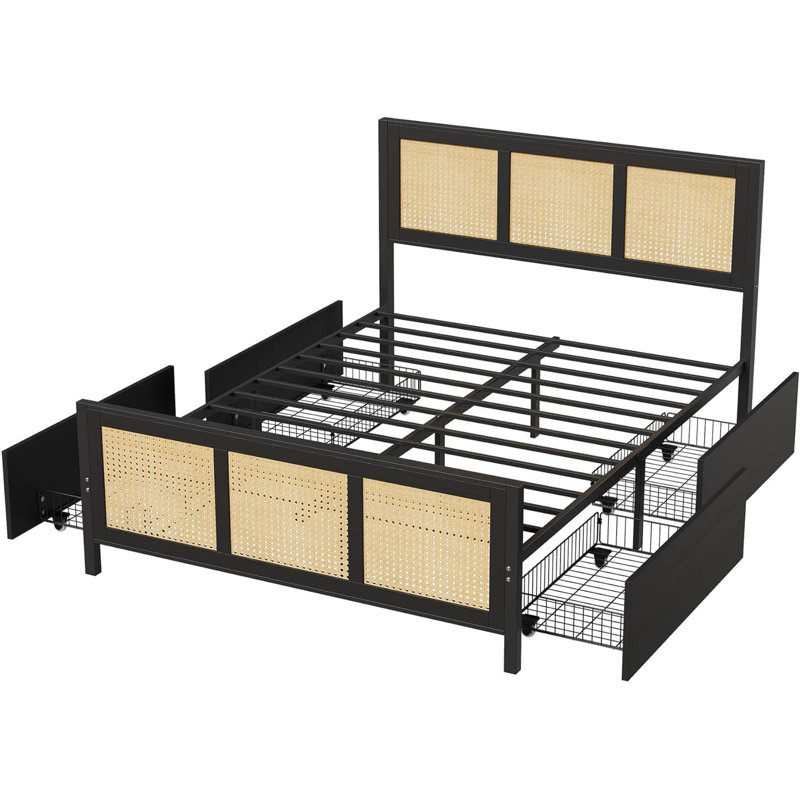 Queen Bed Frame Black Rattan Boho Cane Platform Bed with 4 Drawers, Strong Metal Slats Support, Noise Free & No Box Spring Needed, Headboard Included