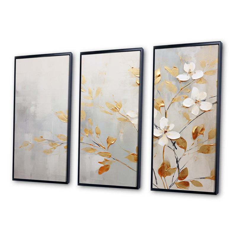 Ensemble de salon art mural blanc et doré, Cadre flottant noir, H 32 po x l 48 po x P 1 po
