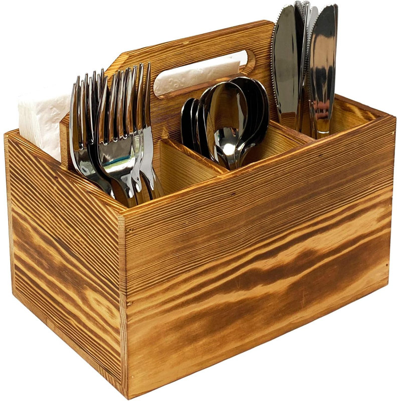 Utensil And Napkin Holder Flatware Caddy With Handle In Rustic Wood For Forks, Spoons And Knives, Silverware Organizer