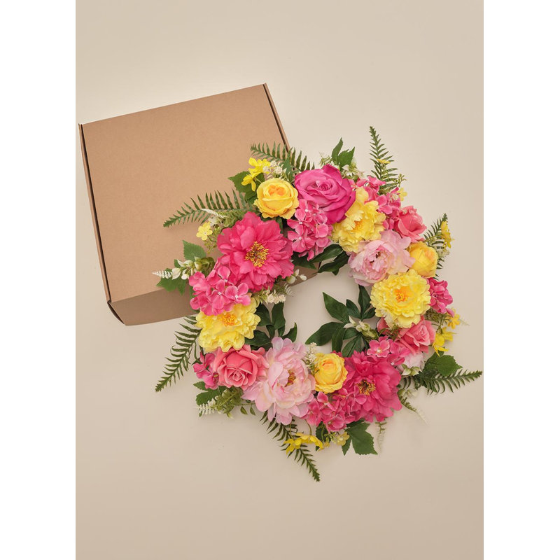 Couronne pour porte d'entrée 21 po, rose vif et jaune avec fleur artificielle