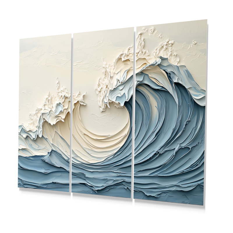 Art mural blanc et bleu style vague I - Coastal Waves, H 28 po x l 36 po x P 1 po, Métal métal