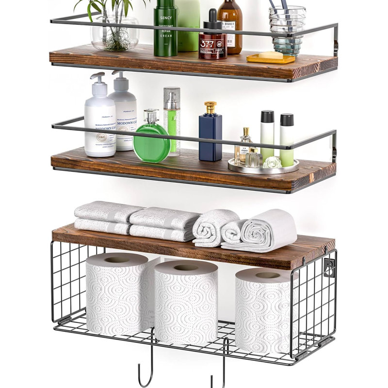 Étagères de salle de bain au-dessus de la toilette avec porte-papier hygiénique - 3 niveaux fixés au mur, conception flottante, organisateurs de décoration