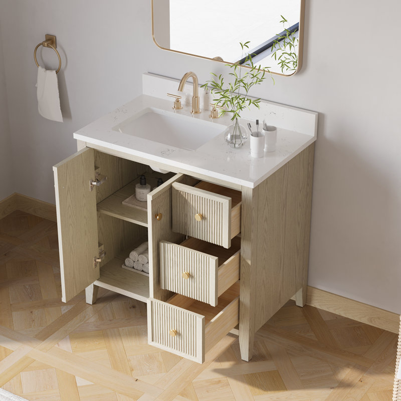 Meuble-lavabo sur pied l 36 po x H 35 po avec comptoir en quartz blanc Carrera et lavabo simple encastré, entièrement assemblé