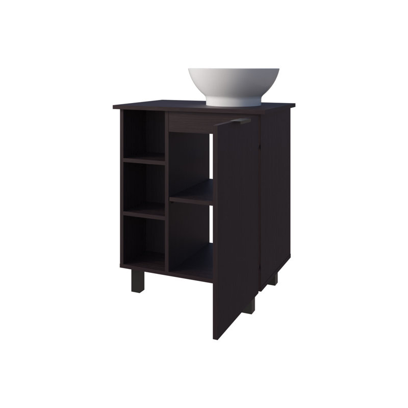 Meuble-lavabo de salle de bain avec 1 porte et 8 tablettes de rangement, Wengé