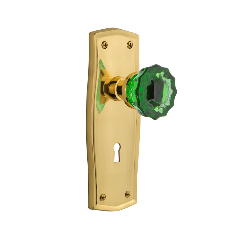 Prairie Plate with Decorative Keyhole and Crystal Emerald Door Knob, Polished Brass