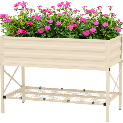 Elevated Garden Box With Galvanized Steel, Cream, Increases Gardening Efficiency Steel Raised Flower Box, Improves Ambiance