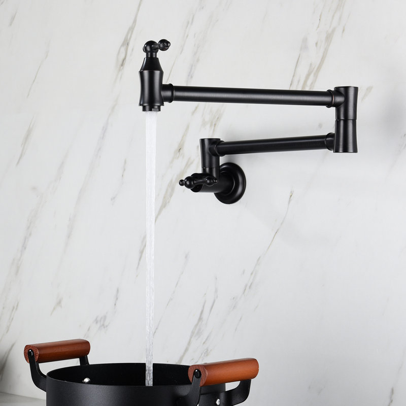 Matte Black Pot Filler Faucet For Wall Mount, Foldable Arm, 360 Rotation, Brass Construction, Corrosion Coating, Double Handle Control Mounted Faucet, Folding Functionality, Swivel, Brass, Surface,