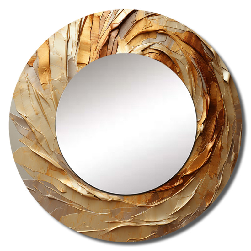 Brun doré, spirale moka - miroir abstrait en spirale, miroir mural rond brun, impression sur métal, 36 po x 36 po
