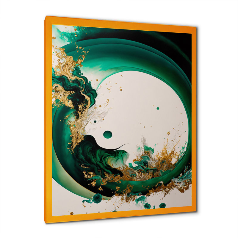 Vert émeraude et vagues abstraites dorées II - peinture sur toile, H 32 po x l 24 po x P 1 po
