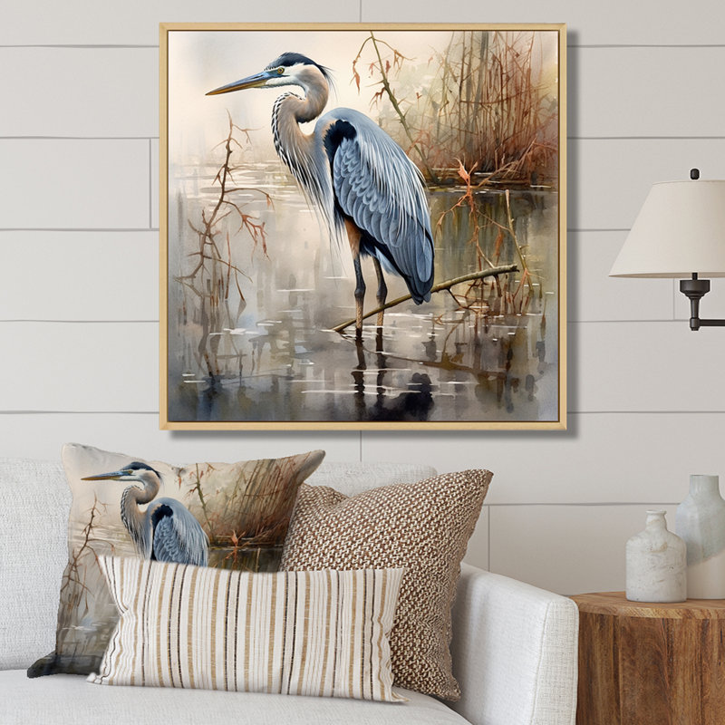 «Graceful Heron Waterbird IV - Heron», art mural, H 16 po x l 16 po, Reproduction avec cadre flottant, Érable