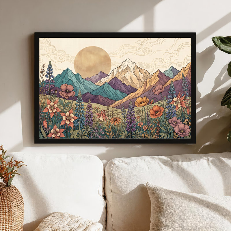 Toile noire encadrée en bois noir pour le salon, la chambre à coucher, le bureau ou le vestibule - décoration murale décorative avec fleur de montagne