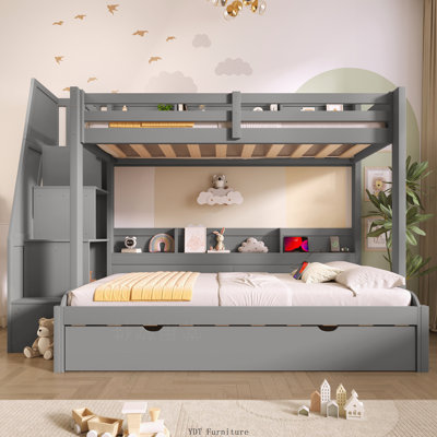 Twin over Full Bunk Bed with Storage Staircase | Trundle, Storage Shelves, LED & USB, Grey