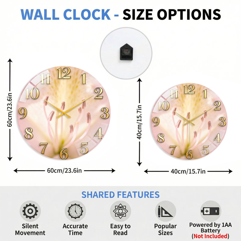 Horloge murale en verre à motif floral, 40 x 40 cm (15,7 x 15,7 pouces)