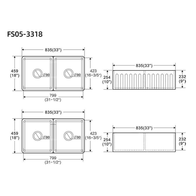 Fireclay 33" L X 18" W Double Basin Farmhouse Kitchen Sink With Grid And Strainer