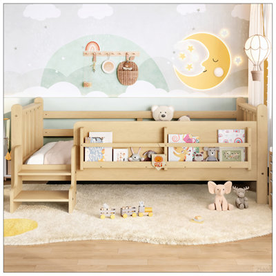 Lit simple au sol avec bibliothèques de rangement, lit en bois massif pour enfants avec de jolis escaliers et garde-corps, aucun sommier nécessaire, naturel clair