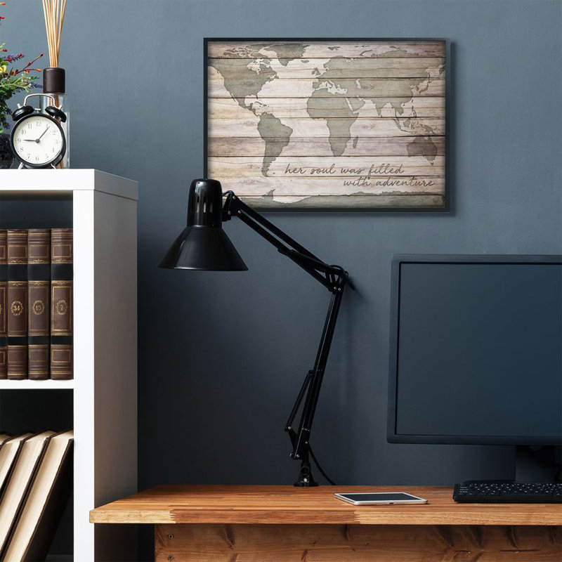 «World Map», reproduction, H 24 po x l 30 po x P 1,5 po, Cadre noir