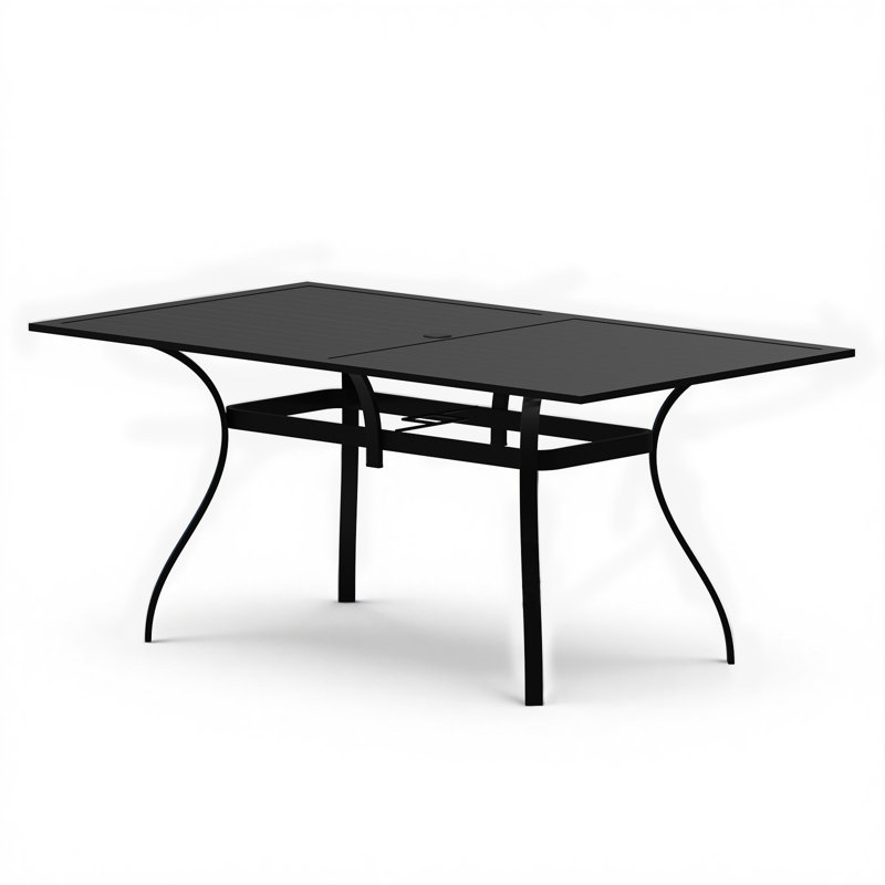 63" Outdoor Patio Dining Table For 6, Rectangular Metal Table With Umbrella Hole, Weather-resistant Slatted Table, Black