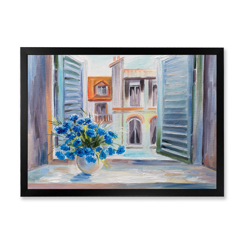 Fleurs bleues à Paris - reproduction d'art sur toile, H 8 po x l 12 po x P 1 po, Toile avec cadre noir