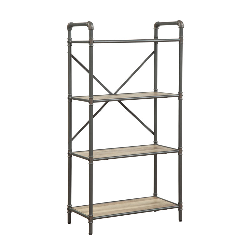 Antique Oak & Sandy Gray Bookcase - 4 Fixed Shelves With Metal And Composite Wood Rectangular Bookshelf In Tier Storage Unit