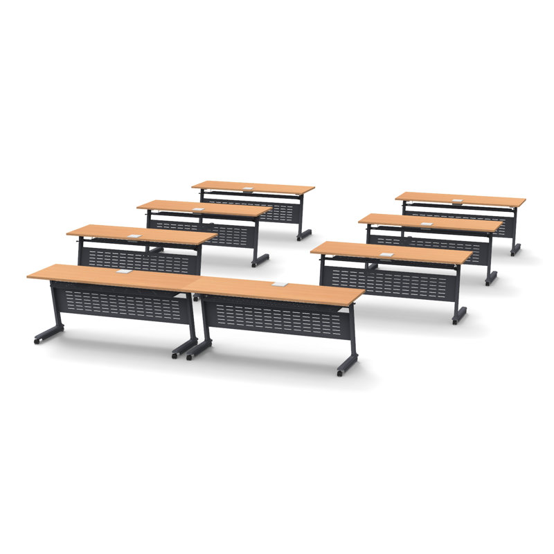 Tables Training Meeting Seminar Classroom 8Pc Beech Folding Industrial Caster Z-Base. Tables Connect.  Modesty Panel, Shelf, Power+Usb Outlet. Fold+Nest For Storage (Seating Not Included).