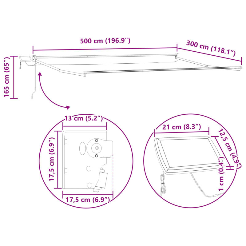 VidaXL Retractable, 500cm W x 300cm D, Yellow/Grey/Black Striped