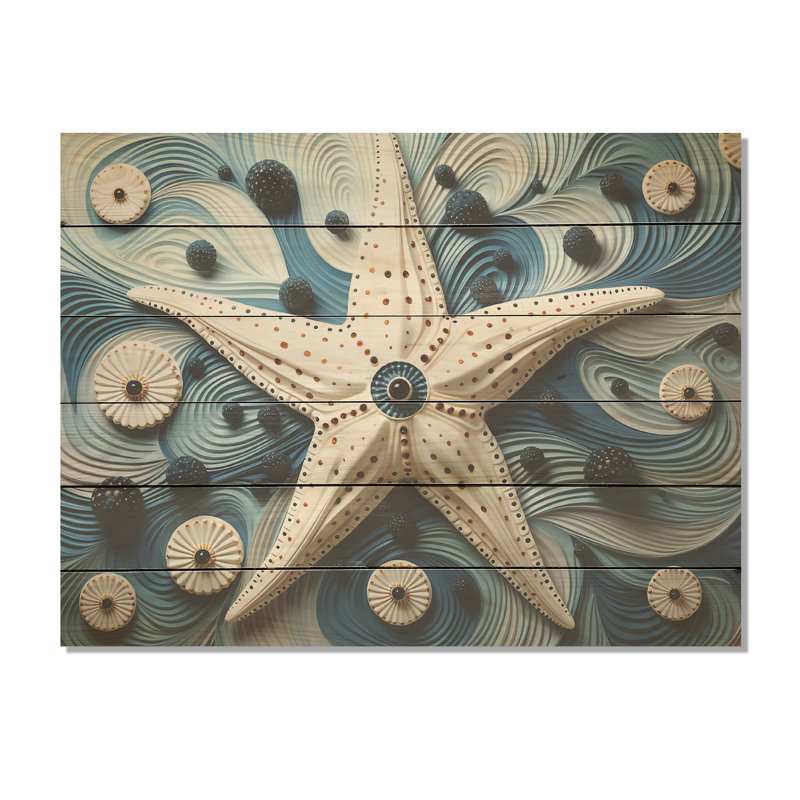 Minimalisme, étoile de mer bleue et blanche I - Étoile de mer, art sur bois de pin naturel, H 24 po x l 32 po