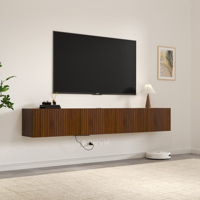 Floating Tv Stand For 75" Tv, Led Wall-mounted Entertainment Centre With Charging Station, Floating Tv Shelf For Living Room, Bedroom, Walnut Brown
