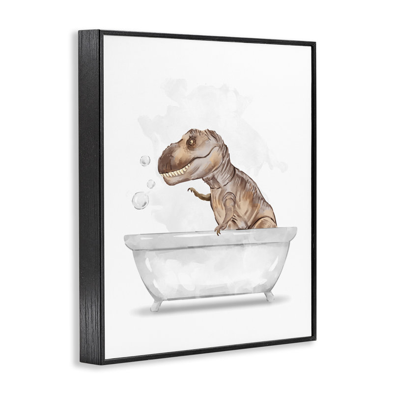 Dinosaure T-Rex dans un bain moussant blanc brun, Giclée encadrée noir minuit, H 14 po x l 11 po