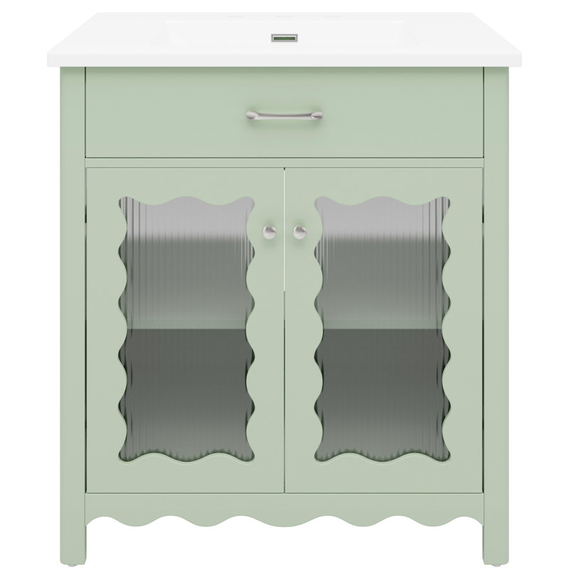 Meuble-lavabo de 31 po avec portes à rayures verticales en verre, tablettes réglables, charnières à fermeture en douceur et poignées argentées pour un ensemble cohésif élégant Lavabo rectangulaire en céramique, rayures, charnières