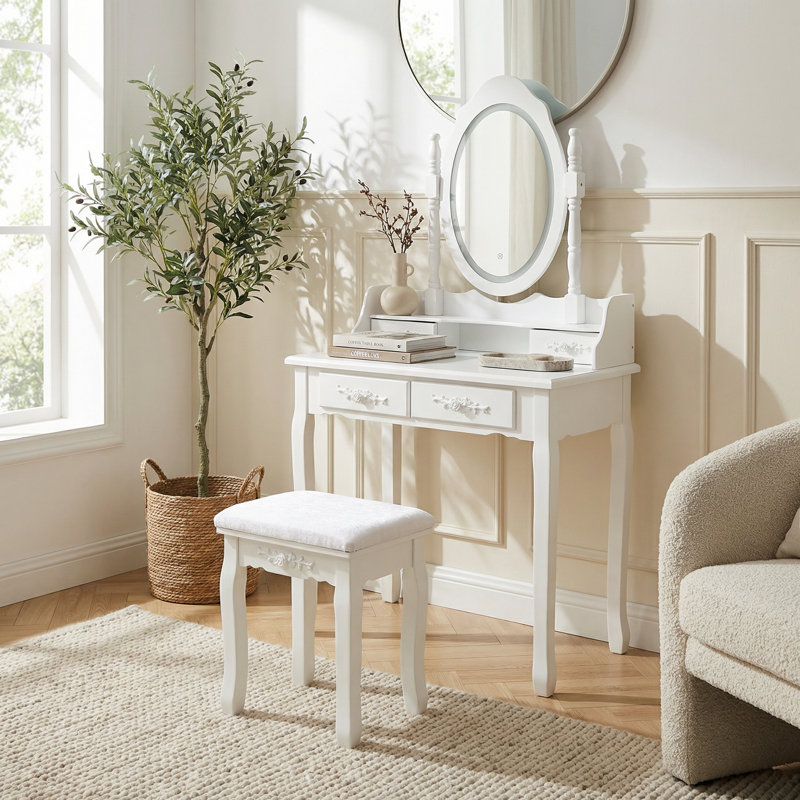  Vanity Desk Set with LED Mirror and Cushioned Stool, Modern Makeup Table with Four Drawers and Ample Storage for Bedroom or Dressing Area