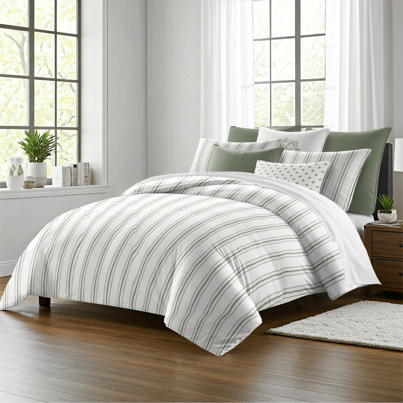 August Stripe Reversible Cotton Duvet Cover Set, Twin Duvet Cover + 2 Standard Shams, Sweet Grass