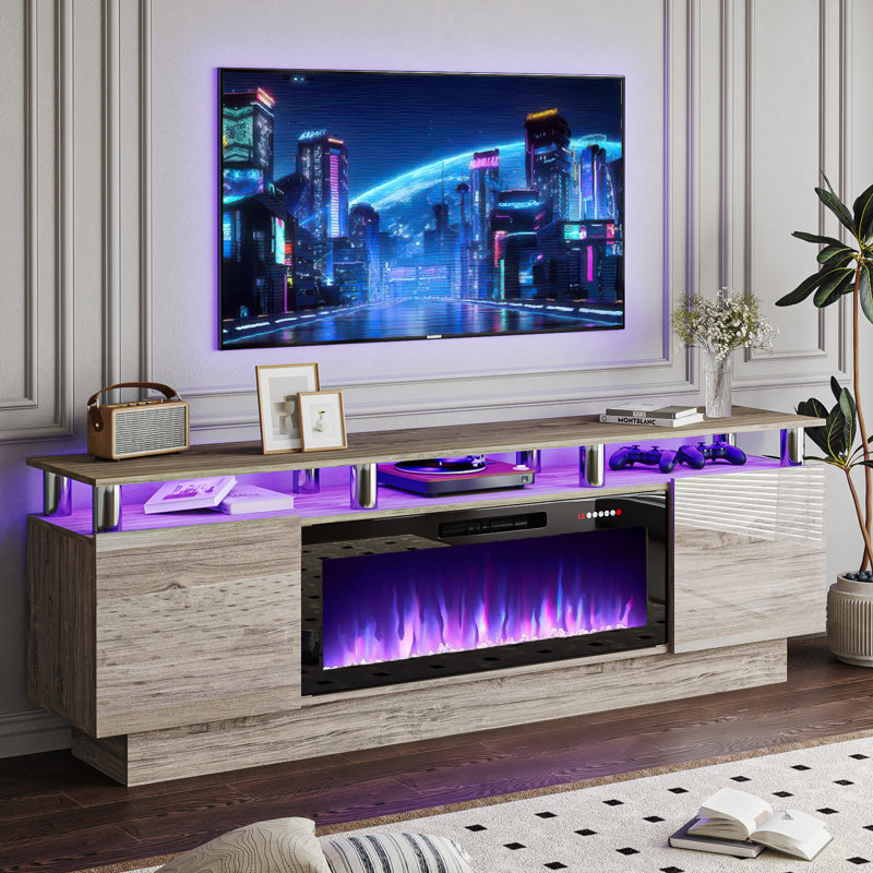 Alazik TV Stand with Electric Fireplace, Gray/Silver, Black, 24”H x 14”L x 70”W