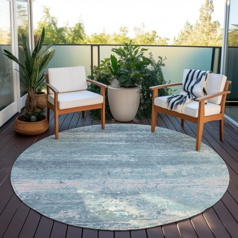 Tapis bleu sarcelle lavable à la machine intérieur / extérieur Xhevrie, Rond 8 pi