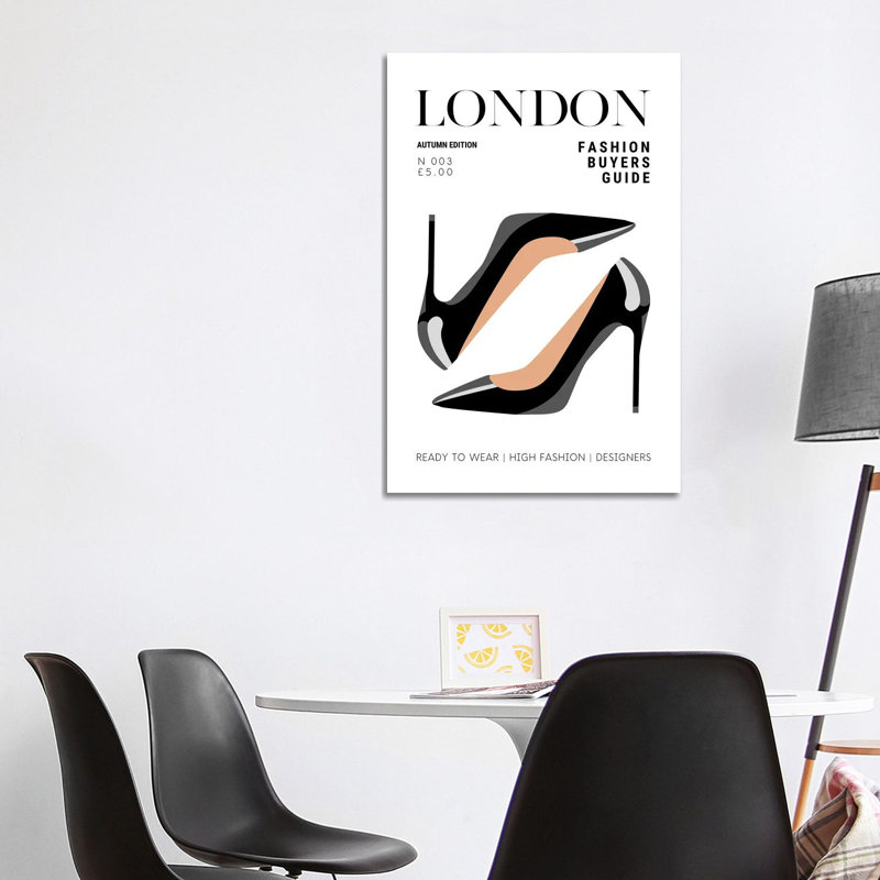 London Fashion Guide Magazine Cover With Patent Black High Heel Stilettos by Design Harvest - Wrapped Canvas Print