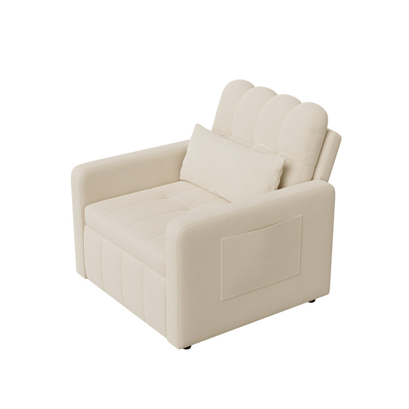 3-In-1 Chenille Convertible Sleeper Chair Bed With Side Table,  5-Position Adjustable Armchair With Storage Pocket, Beige