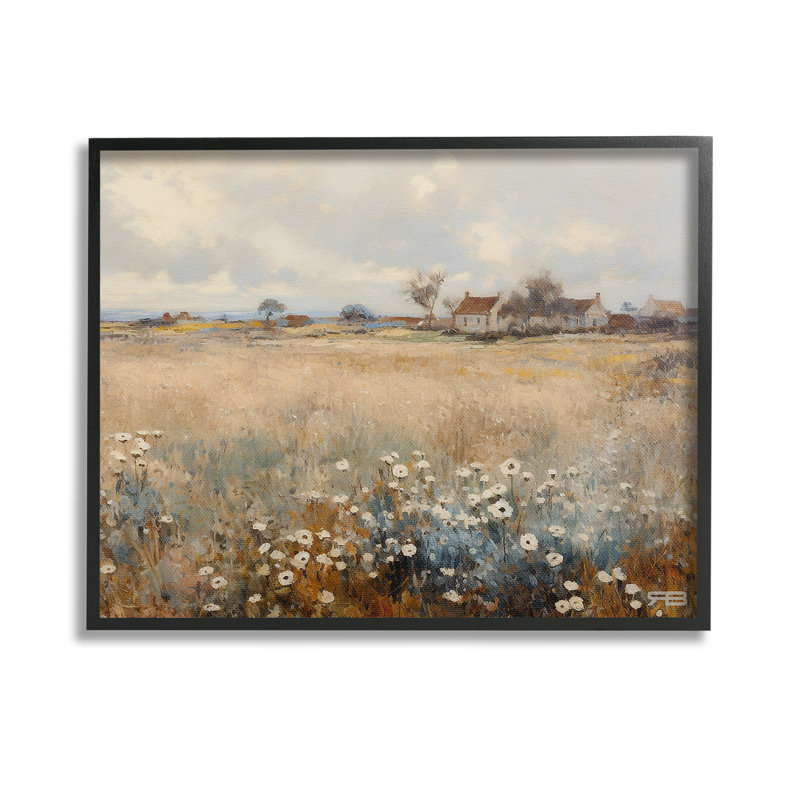 Maison de campagne et prairie naturelle, estampe numérique encadrée par RB, Giclée encadrée noir minuit, H 11 po x l 14 po