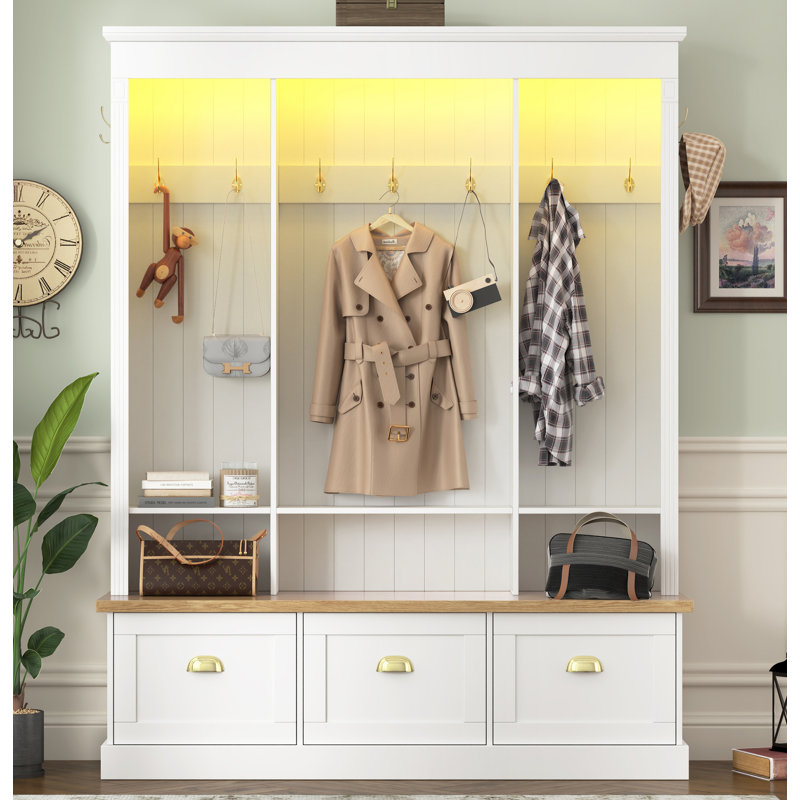Elegant APP Controlled LED Light Hall Tree with 9 Hooks, Roman Column Design Natural Storage Bench with 3 Large Cabinets, Farmhouse Entryway Organizer with Shelves for Hallway, White