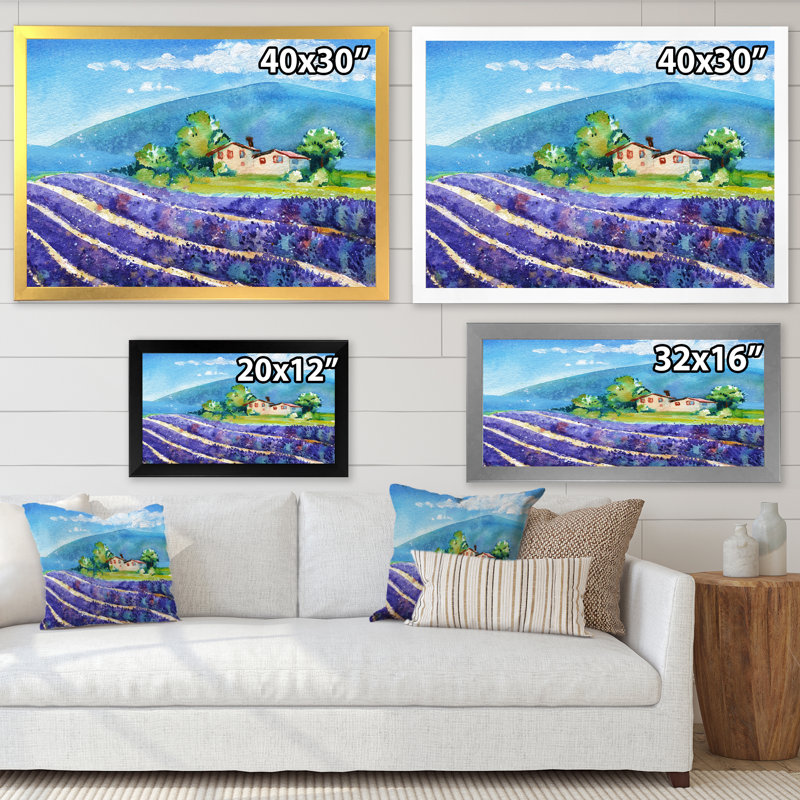 Beaux champs de lavande en fleurs avec maison - peinture sur toile, H 13,5 po x l 21,5 po, Cadre blanc
