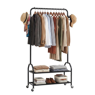 Clothes Rack with 2 Tier Shelves Iron Rolling Hanging Wheels for Bedroom Laundry Living Room Black