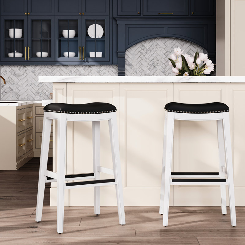 Tabouret de bar de 30 po, cuir blanc et noir, structure en bois franc massif pour une durabilité dans la cuisine Siège confortable avec mousse haute, s'adapte aux environnements